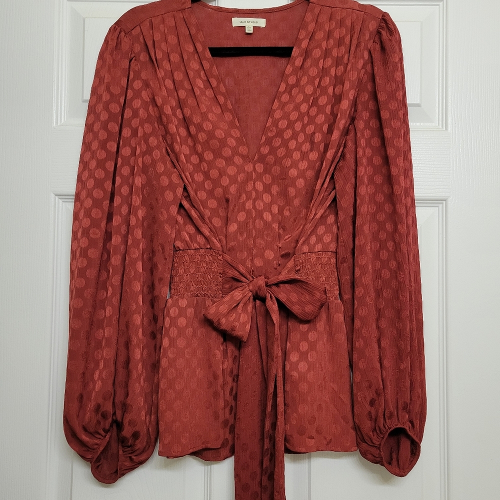 Women's Max Studio Burnt Orange Long Sleeve Flowy Blouse, Size Large